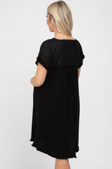 Black Linen Fringe Hem Burnout Sleeve Maternity Dress