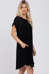 Black Linen Fringe Hem Burnout Sleeve Dress