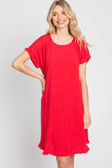 Red Linen Fringe Hem Burnout Sleeve Dress