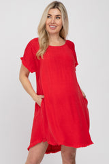 Red Linen Fringe Hem Burnout Sleeve Maternity Dress