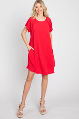 Red Linen Fringe Hem Burnout Sleeve Dress