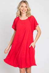 Red Linen Fringe Hem Burnout Sleeve Dress