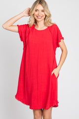 Red Linen Fringe Hem Burnout Sleeve Dress