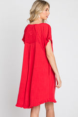 Red Linen Fringe Hem Burnout Sleeve Dress