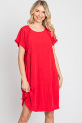 Red Linen Fringe Hem Burnout Sleeve Dress