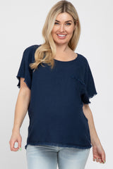 Navy Blue Linen Frayed Short Sleeve Maternity Top