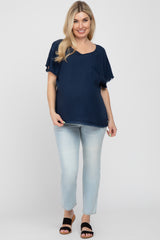 Navy Blue Linen Frayed Short Sleeve Maternity Top