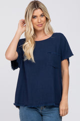 Navy Blue Linen Frayed Short Sleeve Top