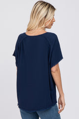 Navy Blue Linen Frayed Short Sleeve Top