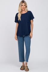 Navy Blue Linen Frayed Short Sleeve Top