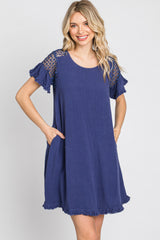 Blue Linen Crochet Shoulder Fringe Hem Dress