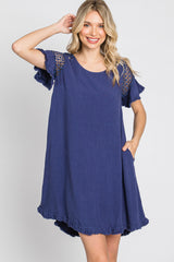 Blue Linen Crochet Shoulder Fringe Hem Dress