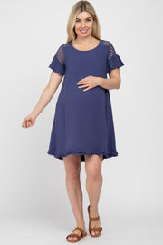 Blue Linen Crochet Shoulder Fringe Hem Maternity Dress