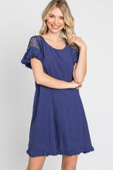 Blue Linen Crochet Shoulder Fringe Hem Dress