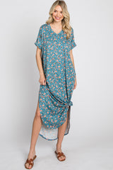 Blue Floral Round Hem Side Slit Midi Dress