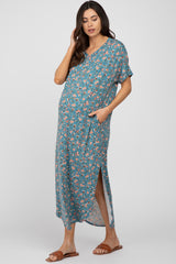 Blue Floral Round Hem Side Slit Maternity Midi Dress