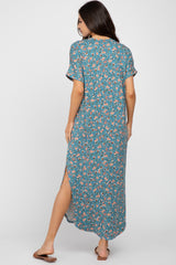 Blue Floral Round Hem Side Slit Maternity Midi Dress