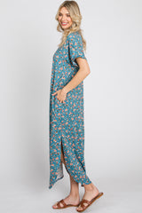 Blue Floral Round Hem Side Slit Midi Dress