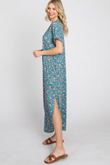 Blue Floral Round Hem Side Slit Midi Dress