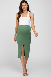 Light Olive Sweater Knit Split Back Maternity Midi Skirt