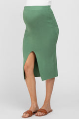 Light Olive Sweater Knit Split Back Maternity Midi Skirt