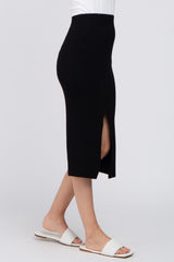 Black Sweater Knit Split Back Midi Skirt