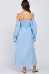 Light Blue Linen Smocked Square Neck Short Puff Sleeve Maternity Midi Dress