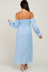 Light Blue Linen Smocked Square Neck Short Puff Sleeve Midi Dress