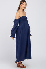 Navy Blue Linen Smocked Square Neck Short Puff Sleeve Maternity Midi Dress