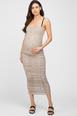 Beige Polka Dot Ruched Maternity Midi Dress