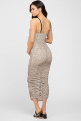 Beige Polka Dot Ruched Maternity Midi Dress