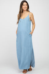 Blue Chambray Sleeveless Side Slit Maternity Maxi Dress