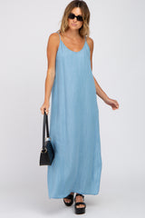 camBlue Chambray Sleeveless Side Slit Maxi Dress