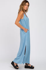 camBlue Chambray Sleeveless Side Slit Maxi Dress