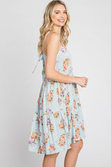 Light Blue Floral Lace Up Back Dress