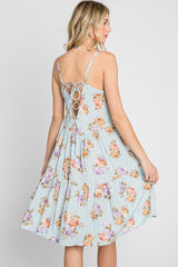 Light Blue Floral Lace Up Back Dress