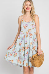 Light Blue Floral Lace Up Back Dress