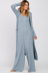 Heather Blue Sleeveless Jumpsuit Cardigan Set