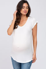 White Solid Short Sleeve Curved Hem Maternity Top