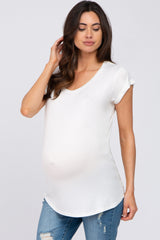 White Solid Short Sleeve Curved Hem Maternity Top