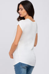 White Solid Short Sleeve Curved Hem Maternity Top