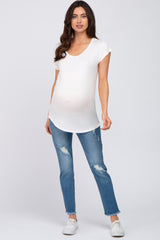 White Solid Short Sleeve Curved Hem Maternity Top