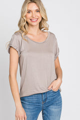 Taupe Solid Short Sleeve Curved Hem Top