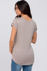 Taupe Solid Short Sleeve Curved Hem Maternity Top