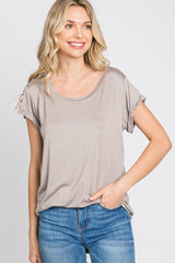 Taupe Solid Short Sleeve Curved Hem Maternity Top