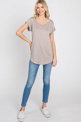 Taupe Solid Short Sleeve Curved Hem Top