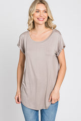 Taupe Solid Short Sleeve Curved Hem Top