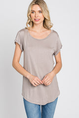 Taupe Solid Short Sleeve Curved Hem Top