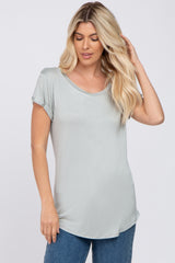 Dusty Blue Solid Short Sleeve Curved Hem Maternity Top