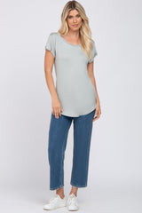 Dusty Blue Solid Short Sleeve Curved Hem Top